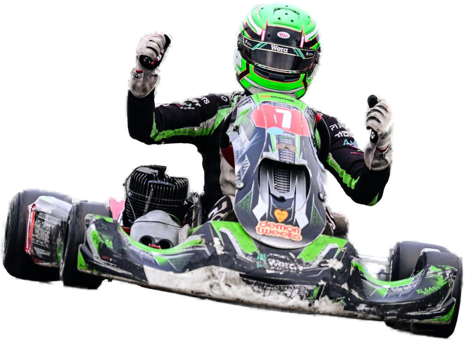 A Klaassen Motorsport driver sitting in a number 1 ARC kart, holding up one finger.